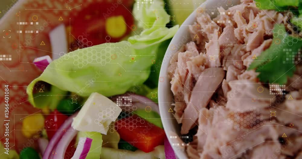 Poster tuna salad with vegetables and digital data processing animation overlay