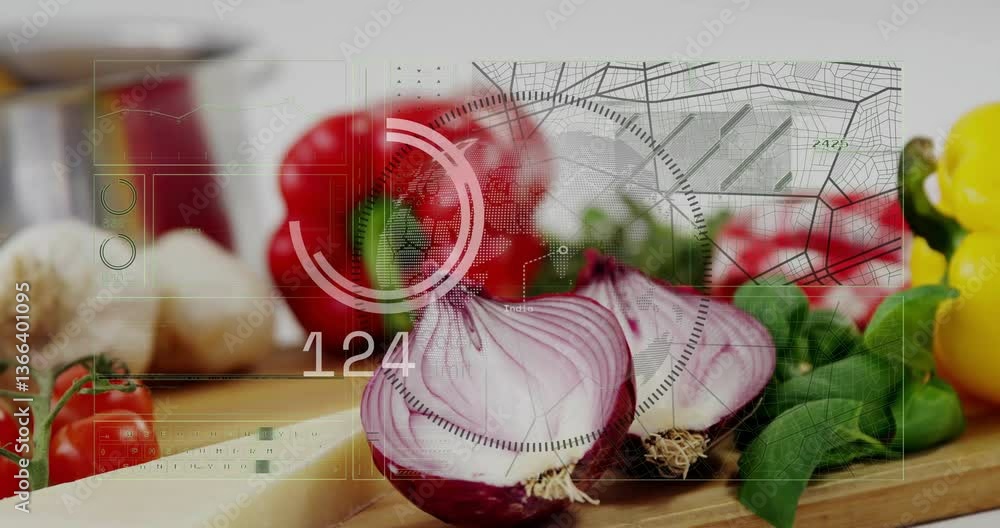 Poster sliced onions and tomatoes with digital data processing animation overlay