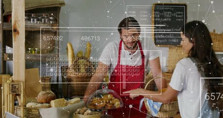 Bakery scene with data processing animation over people choosing bread - Powered by Adobe