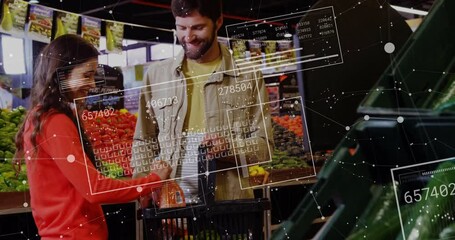 Smiling couple shopping for groceries with digital data overlay animation - Powered by Adobe