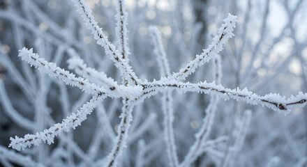 Obraz premium Branches adorned with intricate frost crystals on a cold winter morning scene
