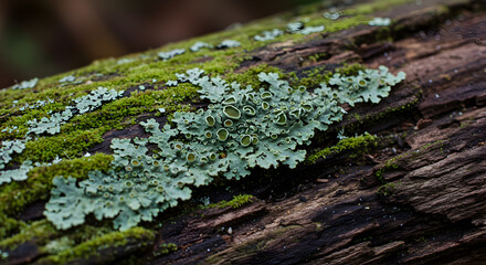Macro shot of lichen and moss growing on weathered wood creating natural textures
