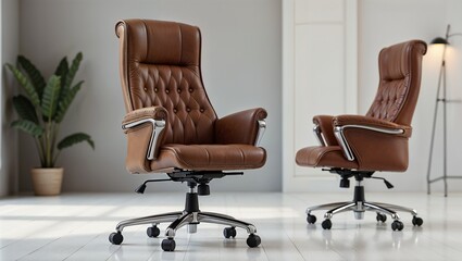 Luxurious Brown Leather Office Chair with Modern Interior Design Elements.