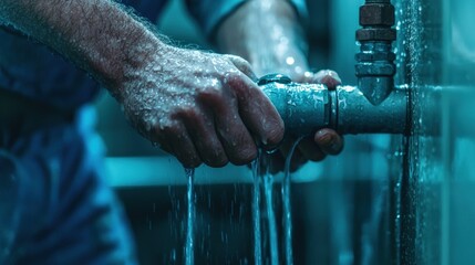 Plumber fixing a leaking pipe under sink home action shot indoor closeup repair concept