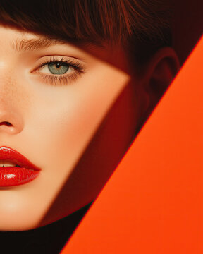 Ultra luxury fashion beauty brand concept. Close up portrait of young fashionable female model posing with scarlet background. Crop. Perfect make-up. Luxurious poster style. Studio shot