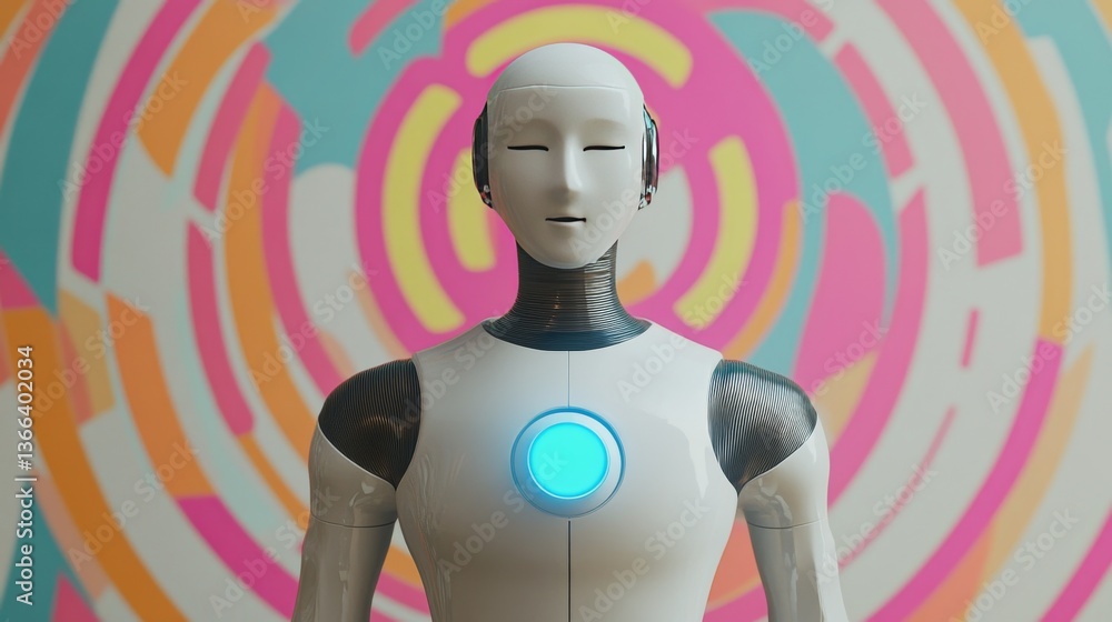 Poster portrait of a sleek humanoid robot with a glowing chest panel, set against a vibrant and abstract mu