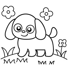 Playful Puppy: An adorable, illustrated puppy frolics cheerfully, its simple lines capturing the innocence of youth, accompanied by flowers and grass