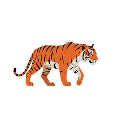 Fototapeta premium Tiger walking confidently with vibrant orange fur and black stripes in a flat design style, showcasing its strength in a minimalistic vector art