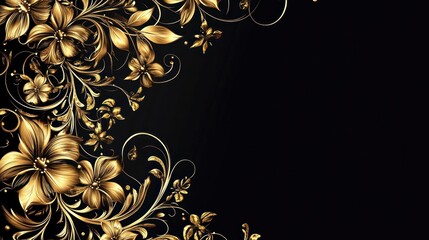 Ornate gold floral border on black background, elegant design, for invitations, cards or websites