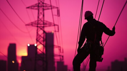 Electrician balancing on high voltage power line at sunset gigapixel image industrial environment silhouette view