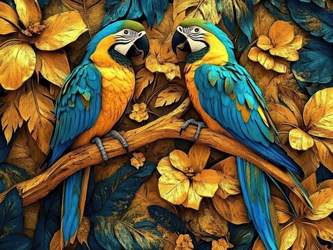 A vibrant artwork showcasing two parrots sitting on a branch, crafted in an artistic relief style