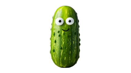 Smiling pickle character with big eyes on black, cut out transparent