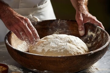 Fototapeta premium Artisan bread-making hands kneading dough in a rustic wooden bowl