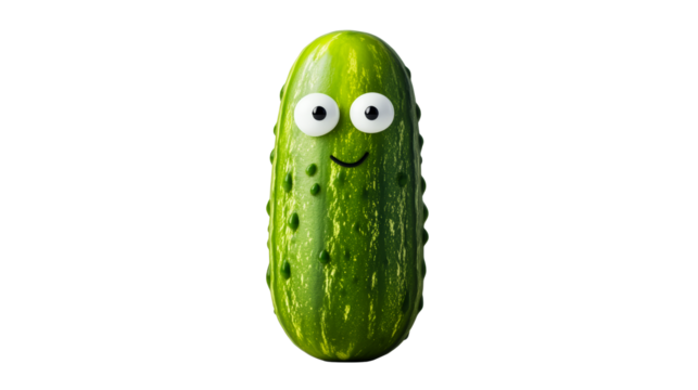 Smiling pickle character with big eyes on black, cut out transparent