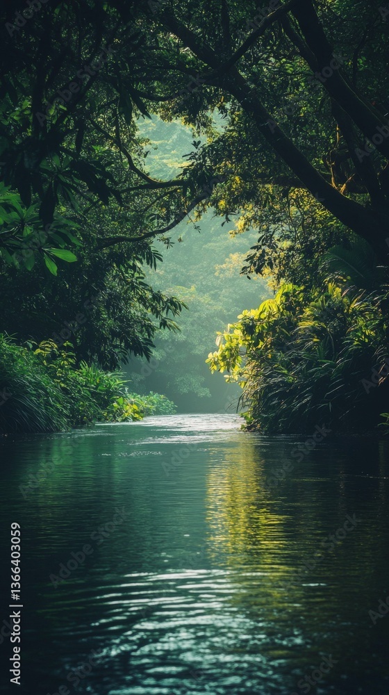Poster a captivating view of a serene river gently flowing through lush tropical greenery, evoking tranquil