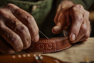 Artisan stitching a leather belt with precision and skill