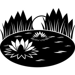 Water lily pond with reflection of sunrise silhouette vector illustration