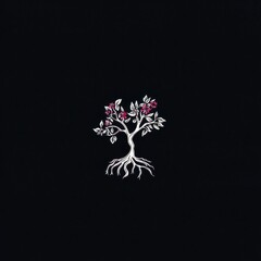 Elegant Blooming Tree on Black Background - Minimalist Nature Illustration