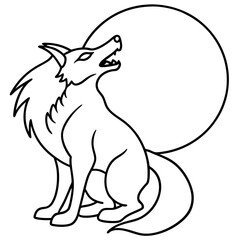 Werewolf howling at a full moon line art vector illustration