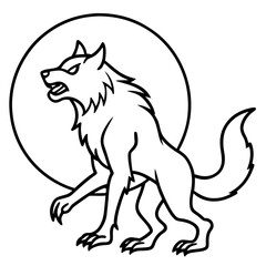 Werewolf howling at a full moon line art vector illustration