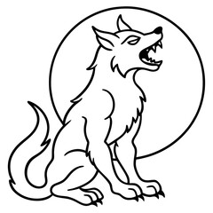 Werewolf howling at a full moon line art vector illustration