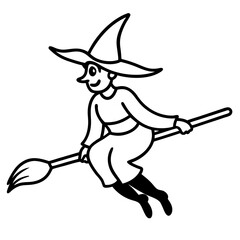 Fototapeta premium Witch Flying On A Broomstick line art vector illustration