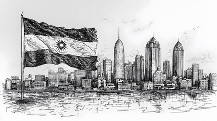 Cityscape sketch with flag, urban skyline, harbor