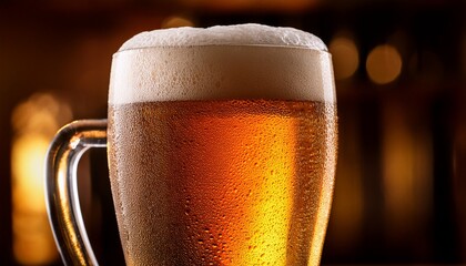 Refreshing glass of golden beer with a frothy head. The perfect drink to unwind after a long day, with a rich color. Cheers!