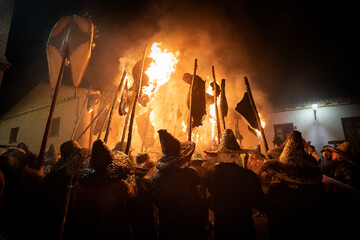 young people holding torches during the celebration of el vitor, in the town of mayorga, Valladolid on september 27 as every year.