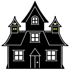 Haunted House with glowing windows silhouette vector illustration
