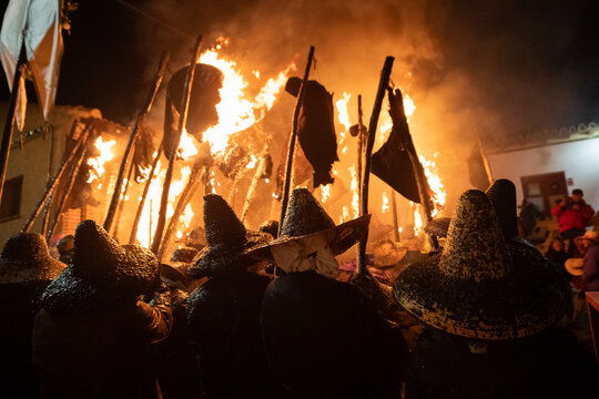 young people holding torches during the celebration of el vitor, in the town of mayorga, Valladolid on september 27 as every year.