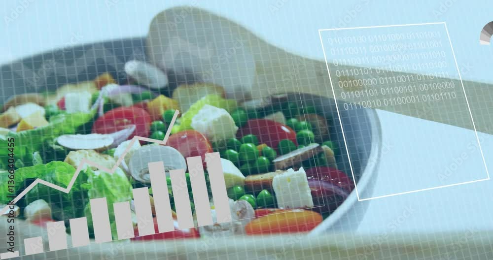 Poster fresh salad ingredients with data processing animation overlaid on grid background
