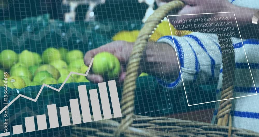 Poster placing apples in basket, person analyzing data chart with animation overlay