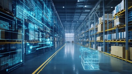 Obraz premium An AI powered system enhancing supply chain management by analyzing logistics data, AI-assisted demand forecasting, and real-time shipment tracking for more efficient operations