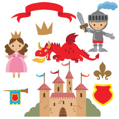 Medieval fairy tale princess, knight and red dragon vector cartoon illustration