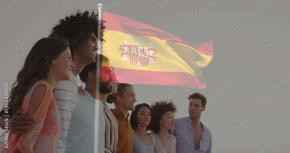 Poster smiling friends with spanish flag animation overlay in background, showing unity