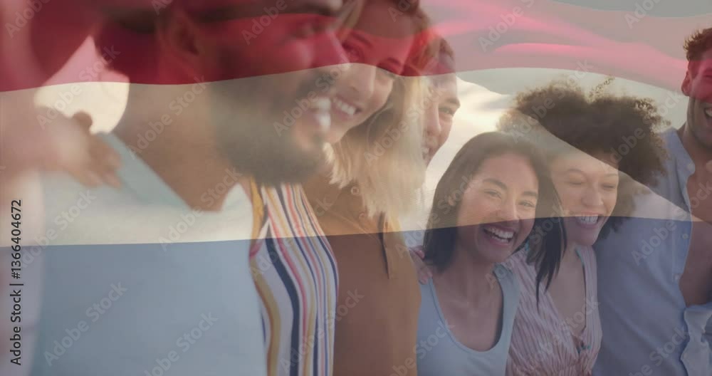Poster smiling diverse group with netherlands flag overlay in animation style