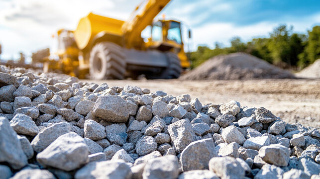 Pile of crushed stones in foreground with blurred construction machinery and excavator in background at a quarry site on a bright, sunny day.