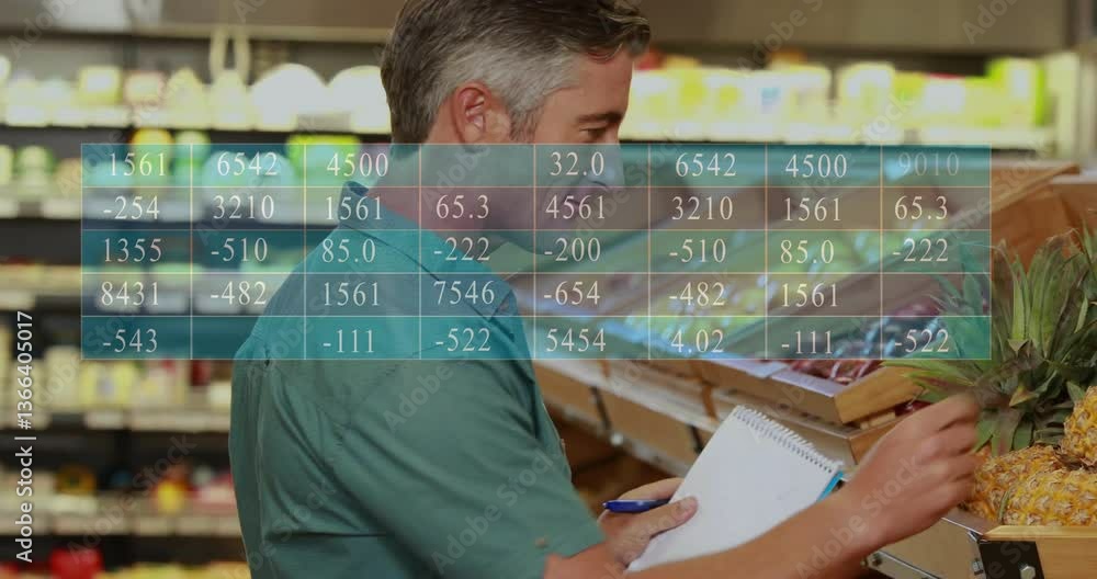 Poster shopping for produce, man with data processing animation overlay in grocery store