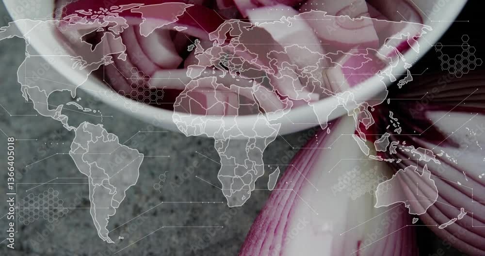 Poster sliced onions in bowl with world map and data processing animation overlay