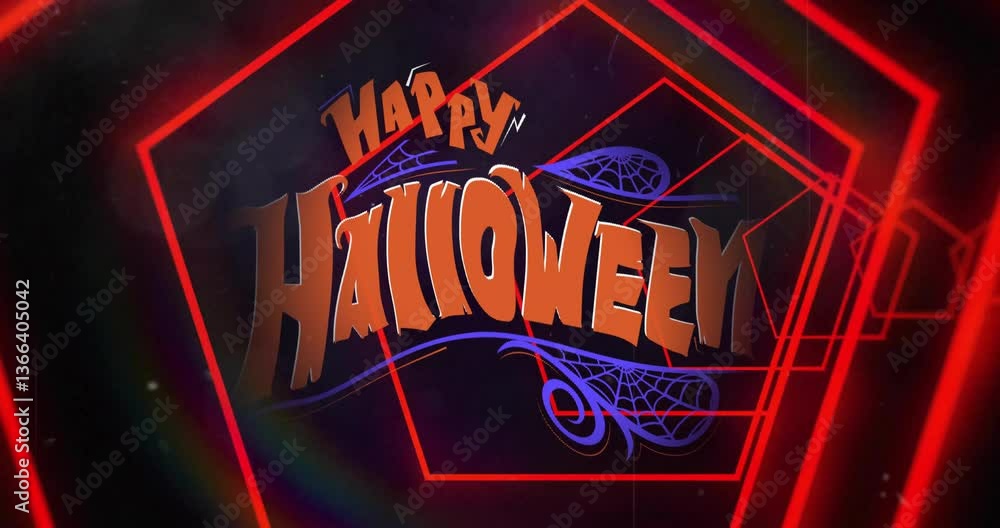 Poster spider web animation with happy halloween text over glowing red geometric shapes