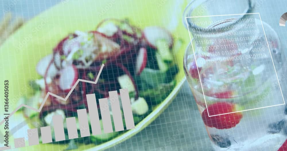 Poster salad and drink with data graphs and binary code overlay animation