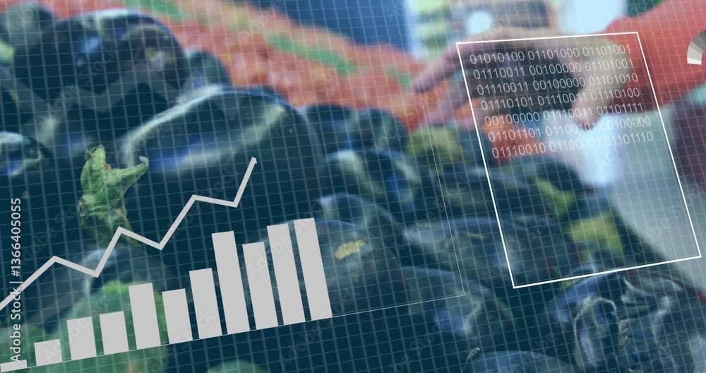 Poster bar graph and binary code animation over blurred nature background