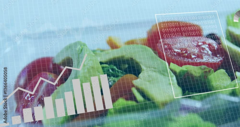Poster binary code and graph animation over fresh salad with avocado and tomatoes