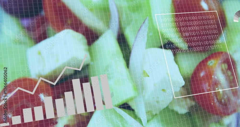 Poster bar graph and binary code animation over fresh vegetable salad background
