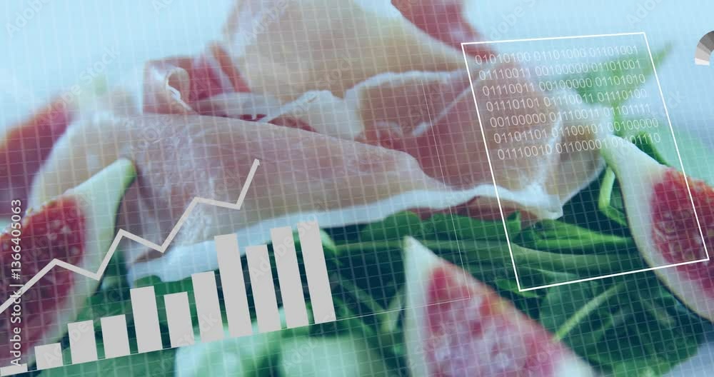 Poster graph and binary code animation over fresh salad with figs and prosciutto