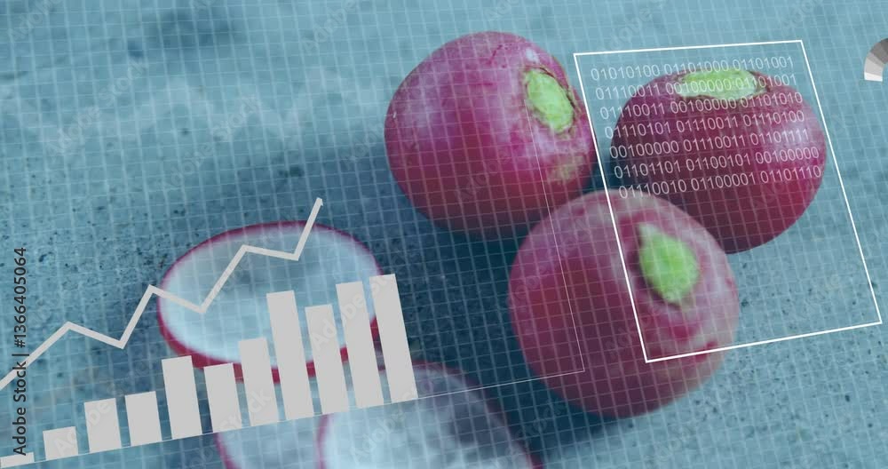 Poster overlaying data charts and binary code, animation of radishes in school project