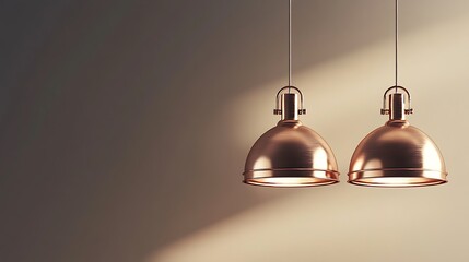 Obraz premium Elegant copper pendant lights illuminating a minimalist interior, showcasing modern design and warm lighting in a sophisticated setting.