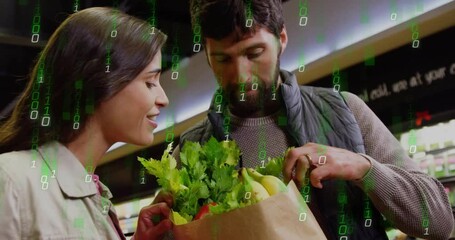 Shopping for groceries, couple with digital data animation overlay in store - Powered by Adobe