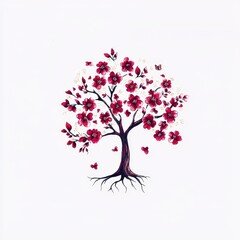 Elegant Blooming Tree with Maroon Flowers and Butterflies